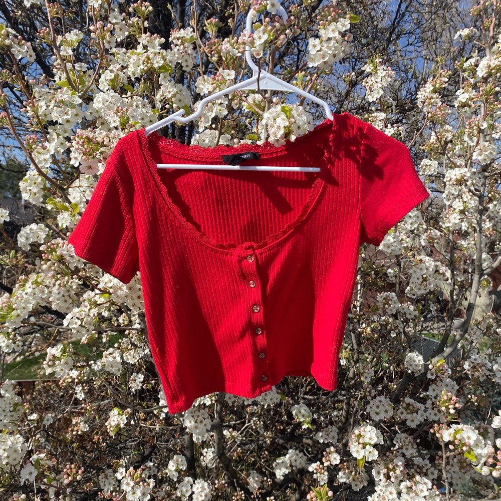 Red Ribbed Button-Up Blouse